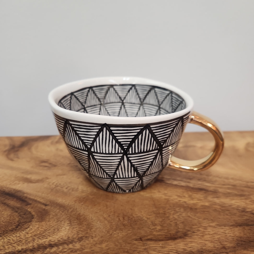 Mug Black and White with Gold Handle - Geometric